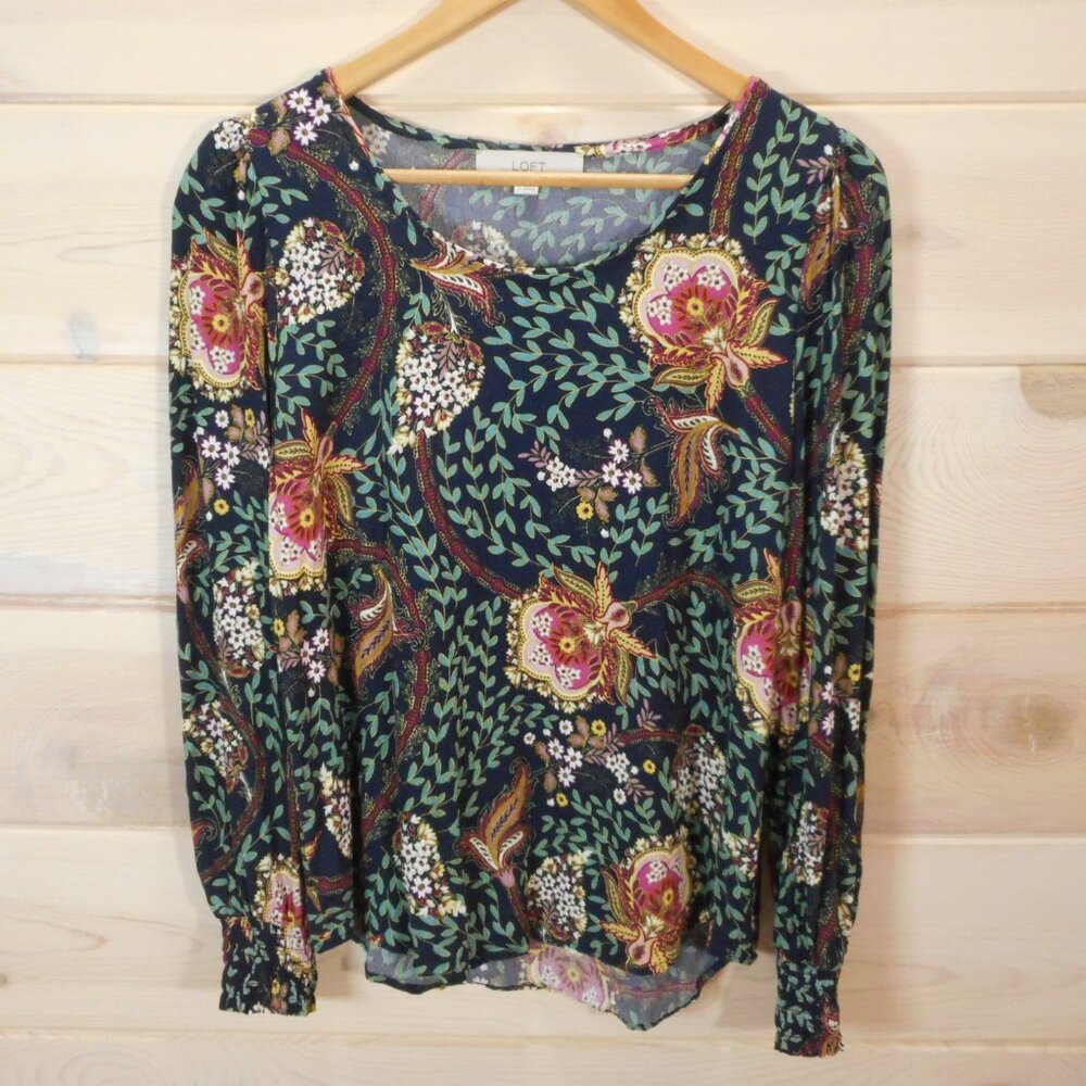 Loft Women's Size S Long Sleeve Blouse Dark Floral Top Shirt Smocked Cuff